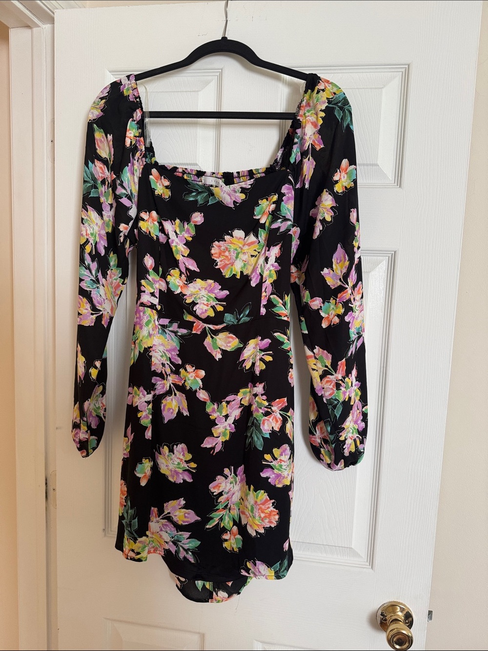 Lush Black Floral Long Sleeve Mini Dress